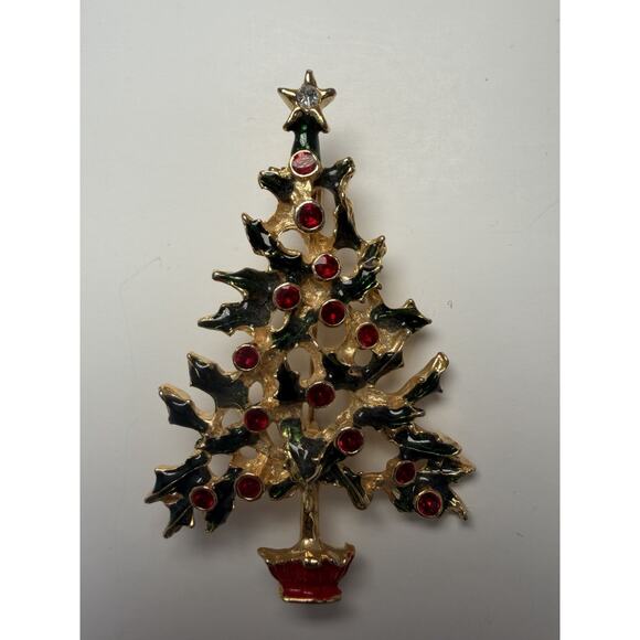 Holiday Christmas Tree Brooch Pin Gold Tone with Rhinestones - Picture 1 of 6